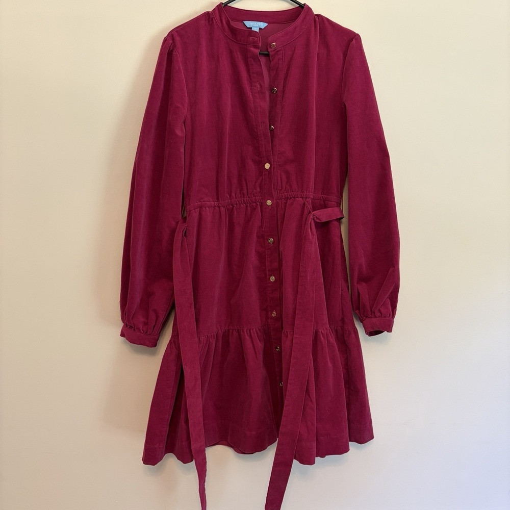 Draper James RSVP Corduroy Tiered Button Up Dress Fuchsia Pink Preppy Modest Med